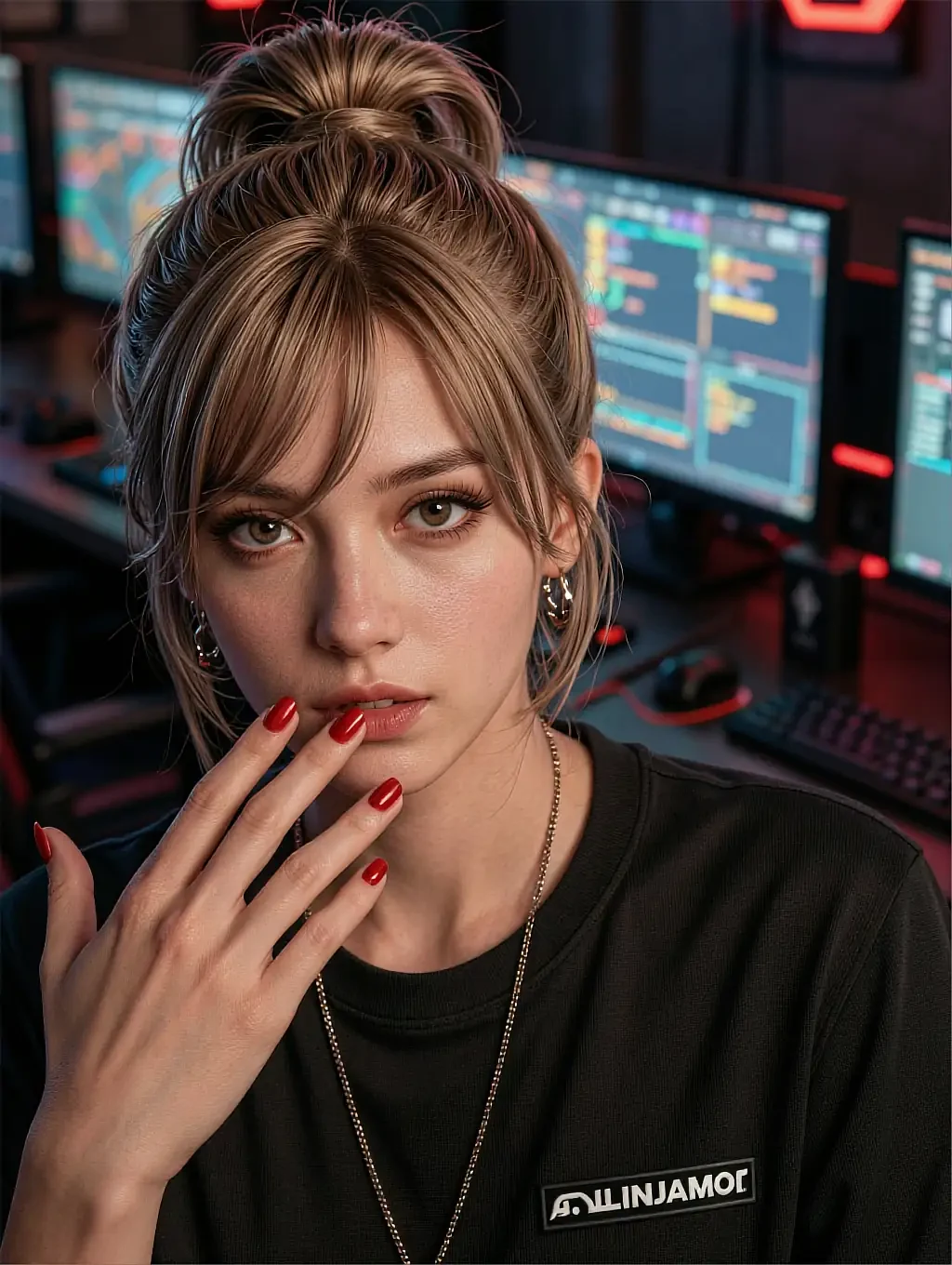 Bianca — blonde with an updo in a black tee at a gaming desk, hand at her lips