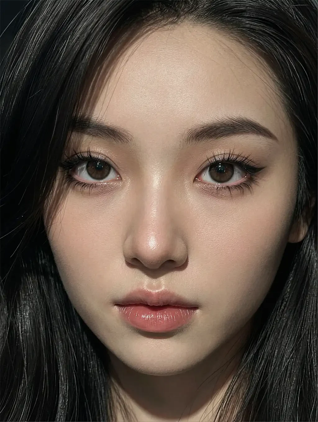 Close-up portrait of a dark-haired woman's face in daylight