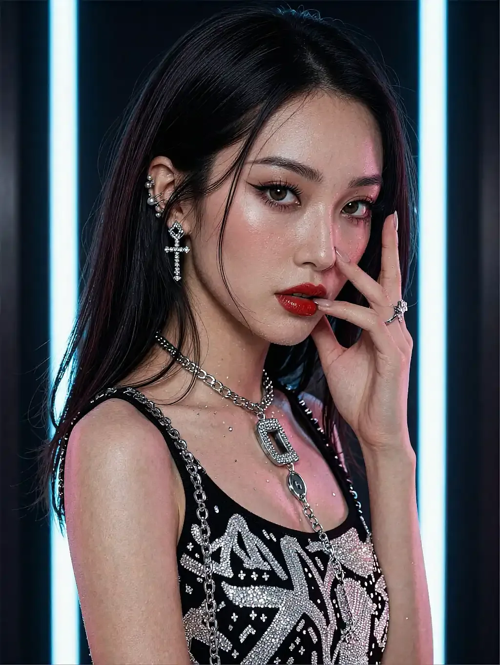 Dark-haired woman with cross earrings and a chain necklace under a neon tube, shown in the roleplay page's preview